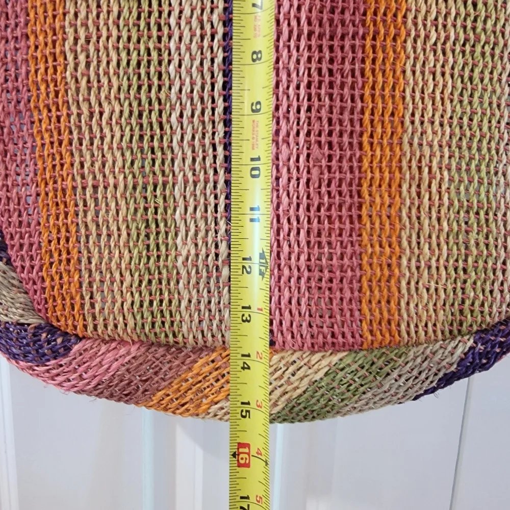 Vintage Bamboo Handle Woven Raffia Multi-color‎ Stripe Bag